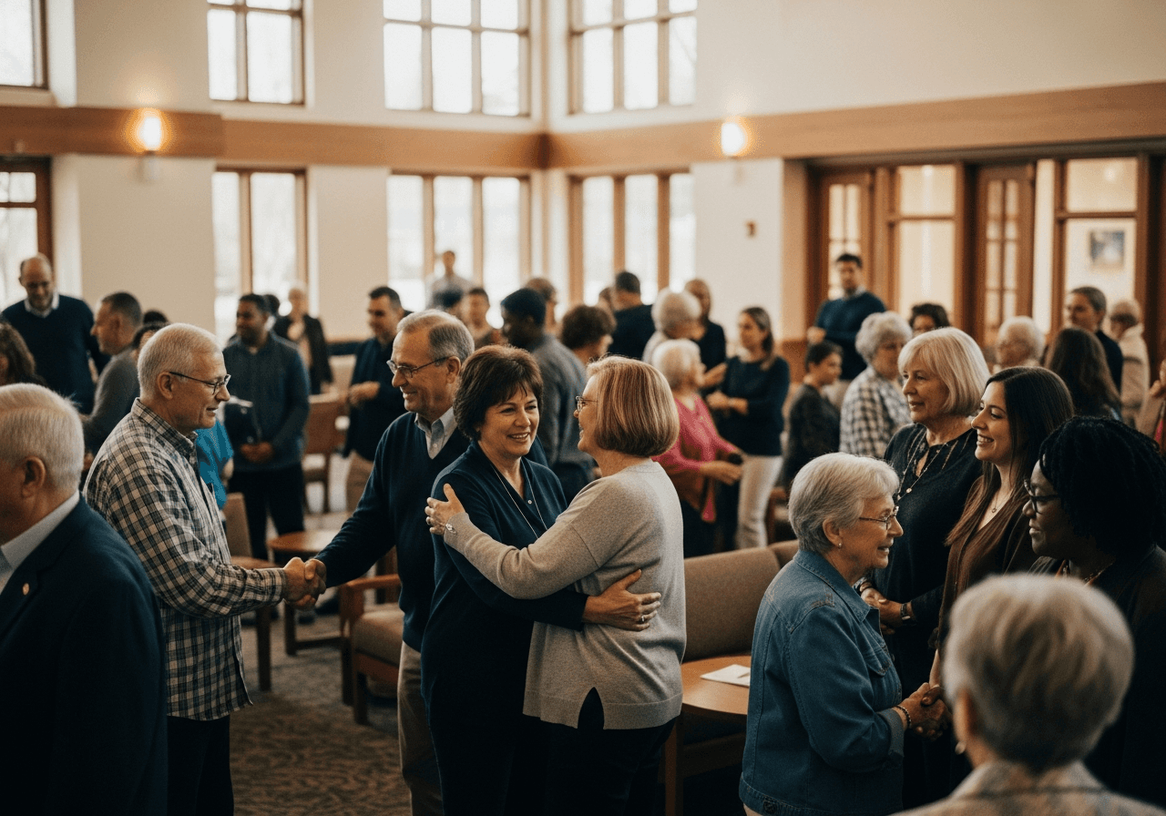 Church congregation greeting one another in a welcoming sanctuary lobby