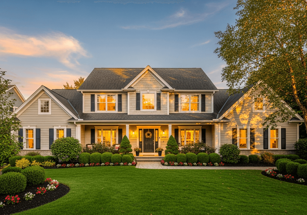 Welcoming two-story suburban family home at golden hour
