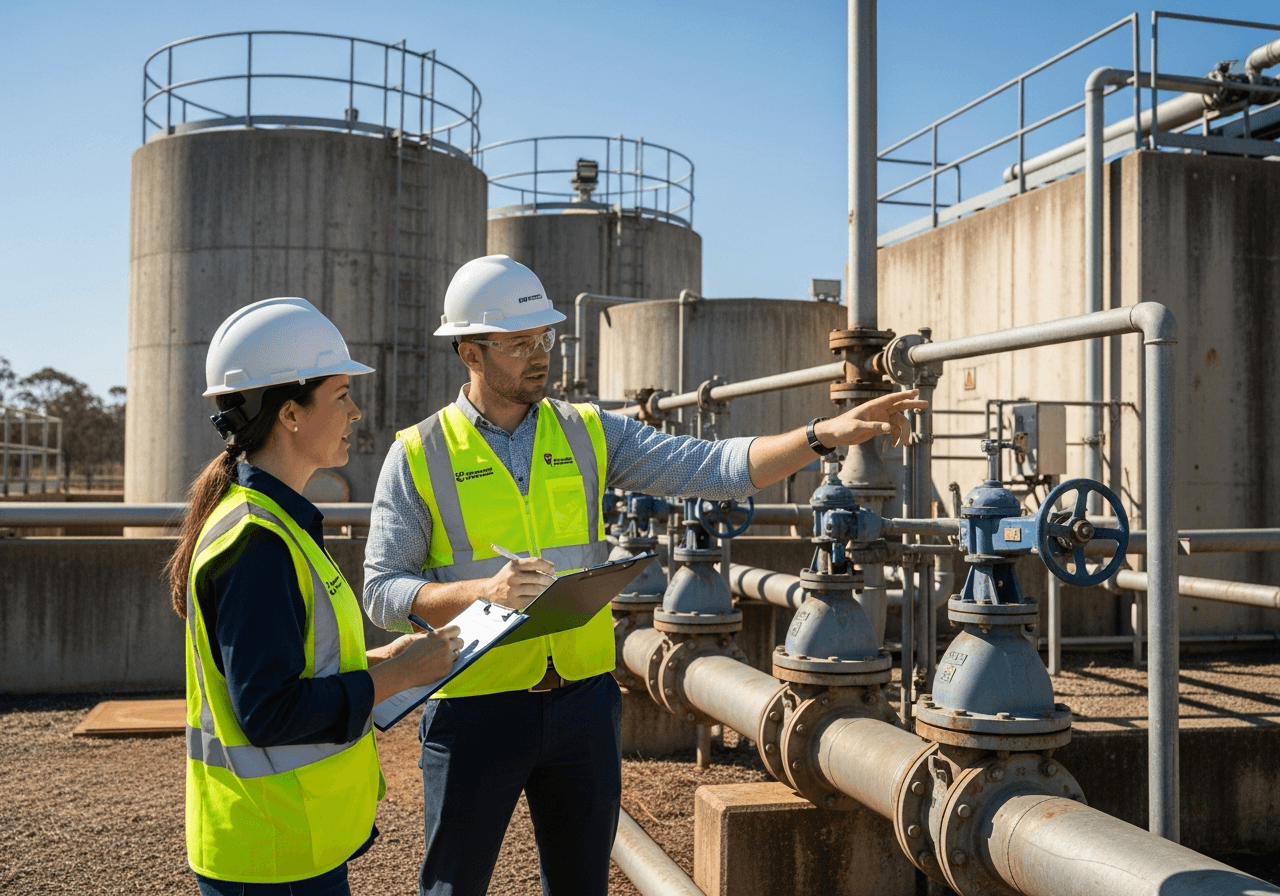 Two water utility advisors in hard hats reviewing operations at a treatment facility