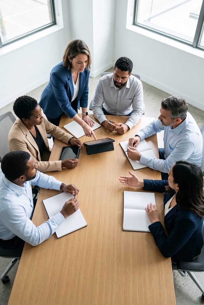 Business professionals meeting around a boardroom table