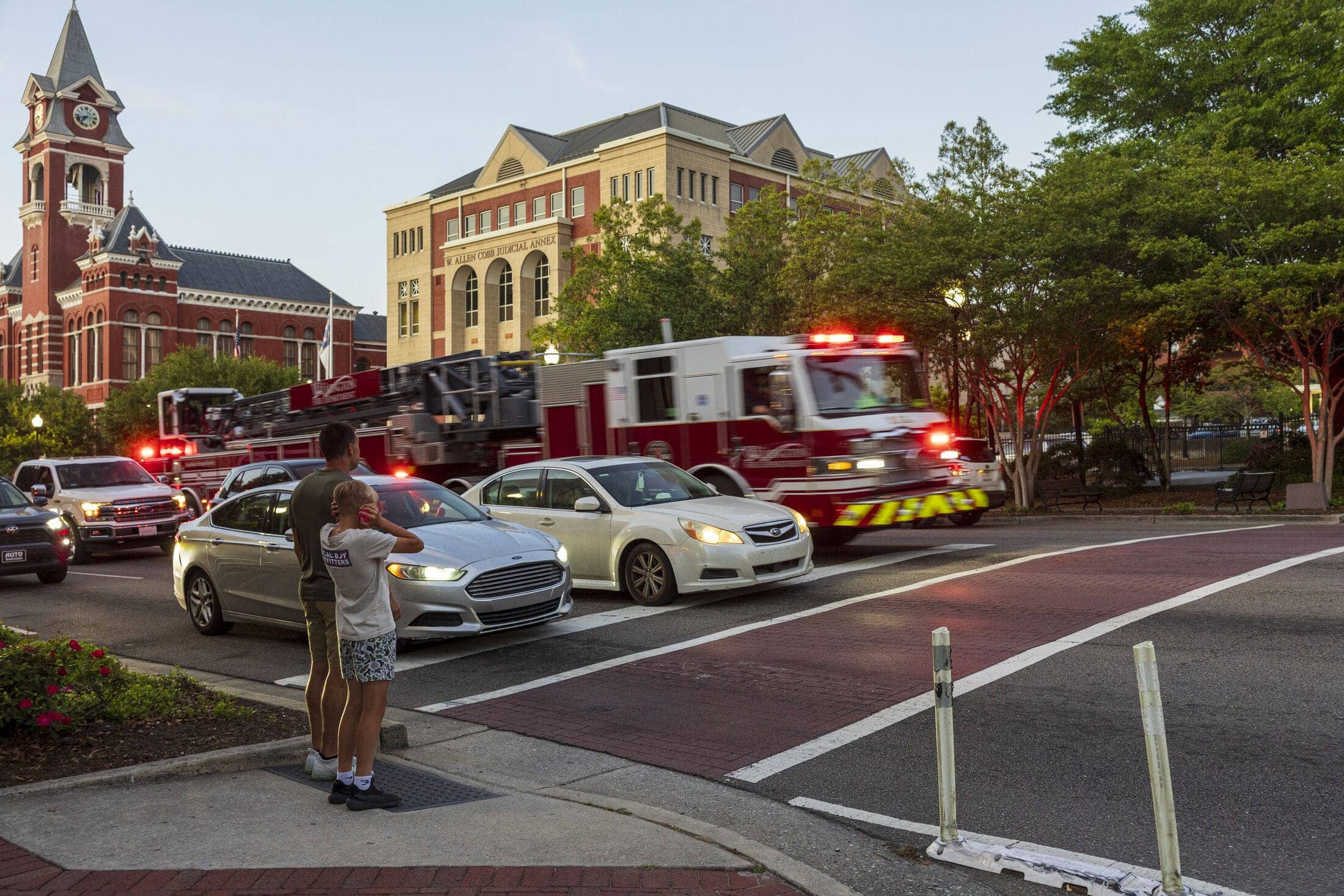 Civic street scene with a fire truck and city buildings